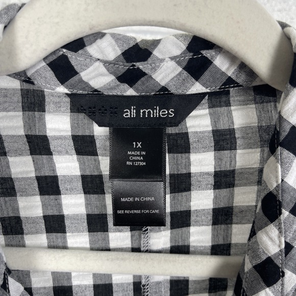 Ali Miles Mixed Print Gingham Seersucker Button Front Top Womens 1X Lagenlook - Picture 4 of 8